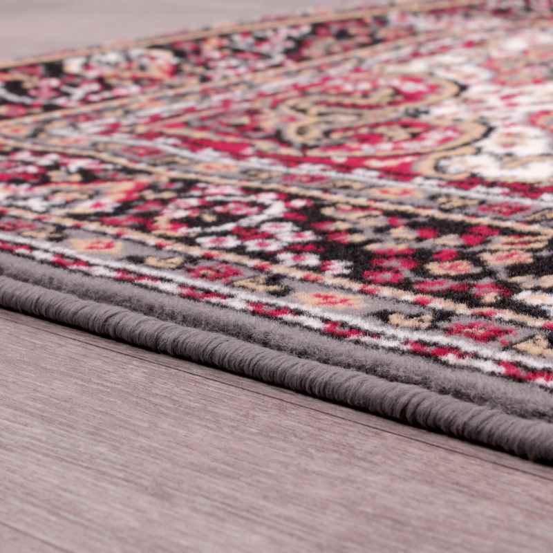 Traditional Poly Lancashire Medallion Border Runner Rugs in Grey