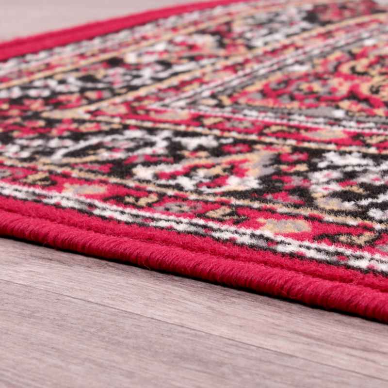 Traditional Poly Lancashire Medallion Border Runner Rugs in Red