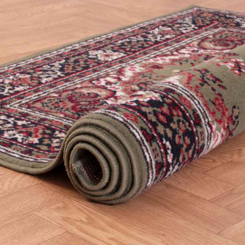 Traditional Poly Lancashire Medallion Border Runner Rugs in Green