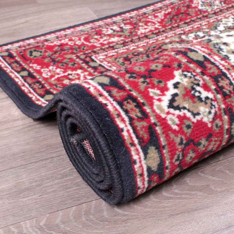 Traditional Poly Lancashire Medallion Border Runner Rugs in Navy Blue