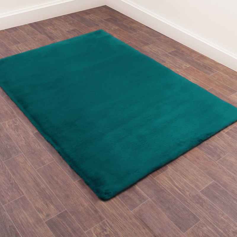 Luxe Faux Fur Modern Plain Rug in Teal Blue