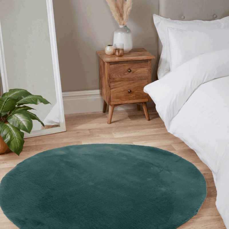 Luxe Faux Fur Modern Plain Circle Rug in Forest Green