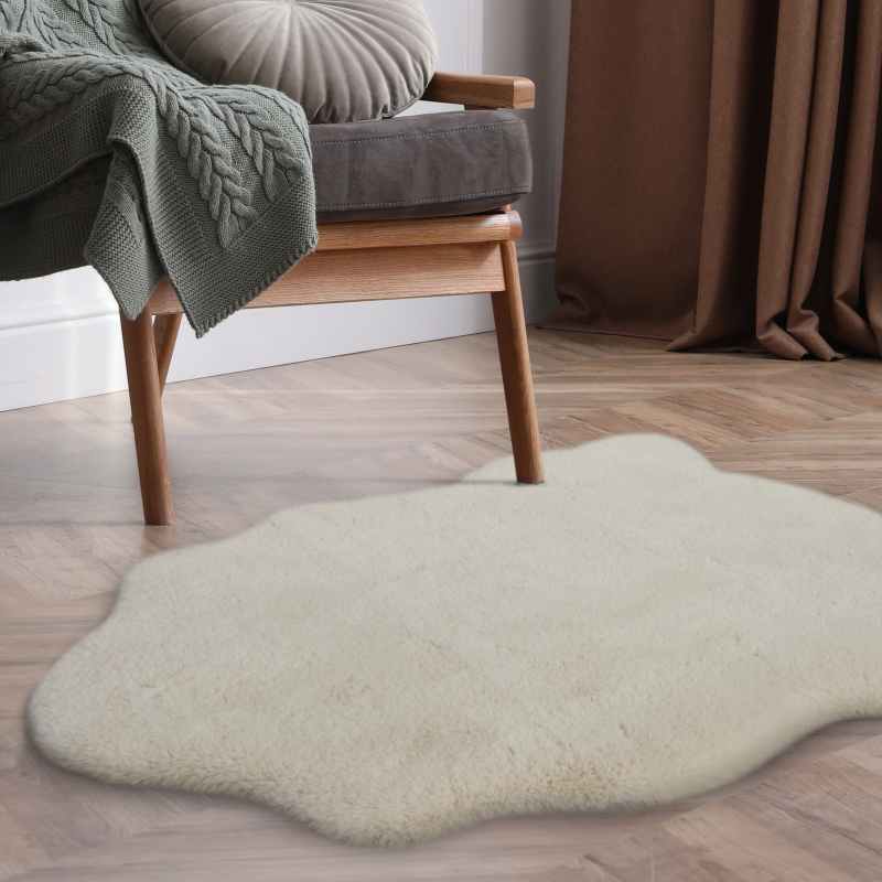 Luxury Faux Fur Plain Modern Shaped Rug 2 in Ivory White