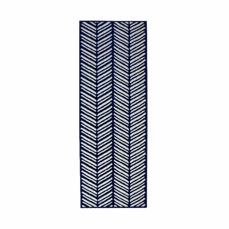 Maestro Herringbone Stripe Modern Runner Rugs in Navy Blue