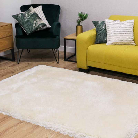 Mayfair Modern Plain Shaggy Rugs in Ivory White