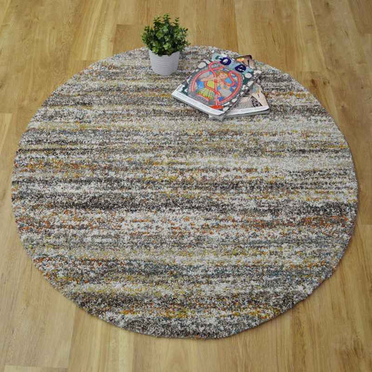 Mehari Shaggy Striped Circle Rugs 23094 6969 in Mustard Yellow