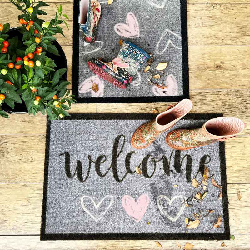 My Welcome Hearts Washable Indoor Doormat in Grey