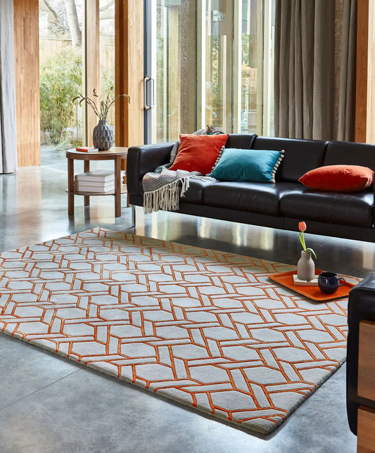 Asiatic nexus fine lines silver orange Grey, Orange Living Room Wool Rug.