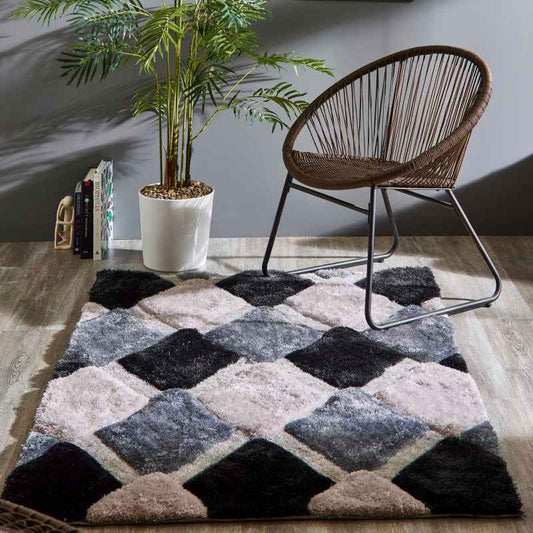 Origins 3D Geo Hand Carved Geometric Shaggy  Rugs in Grey