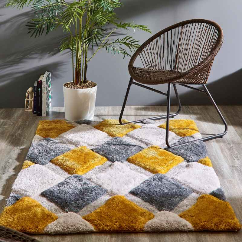 Origins 3D Geo Hand Carved Geometric Shaggy Rugs in Ochre Yellow