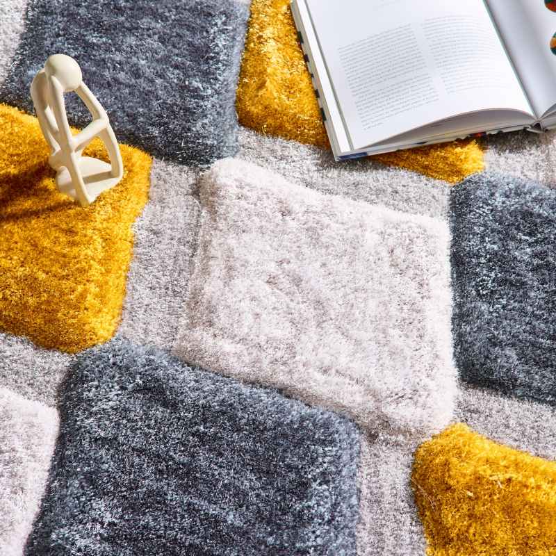 Origins 3D Geo Hand Carved Geometric Shaggy Rugs in Ochre Yellow