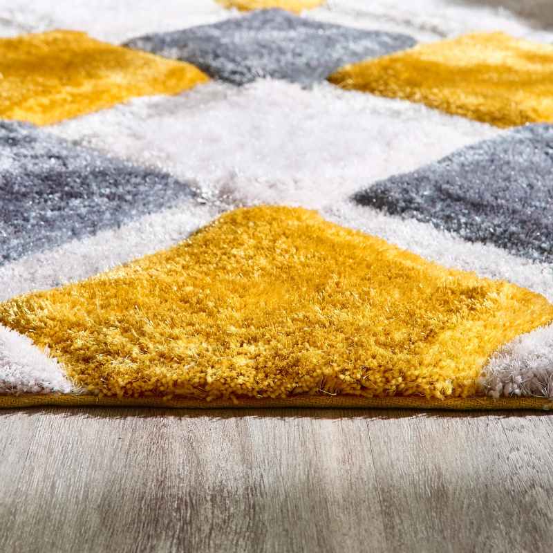 Origins 3D Geo Hand Carved Geometric Shaggy Rugs in Ochre Yellow