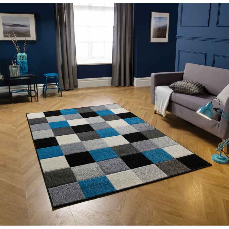Portland Geometric Grid Block Rugs 1923 Q in Blue Grey Cream