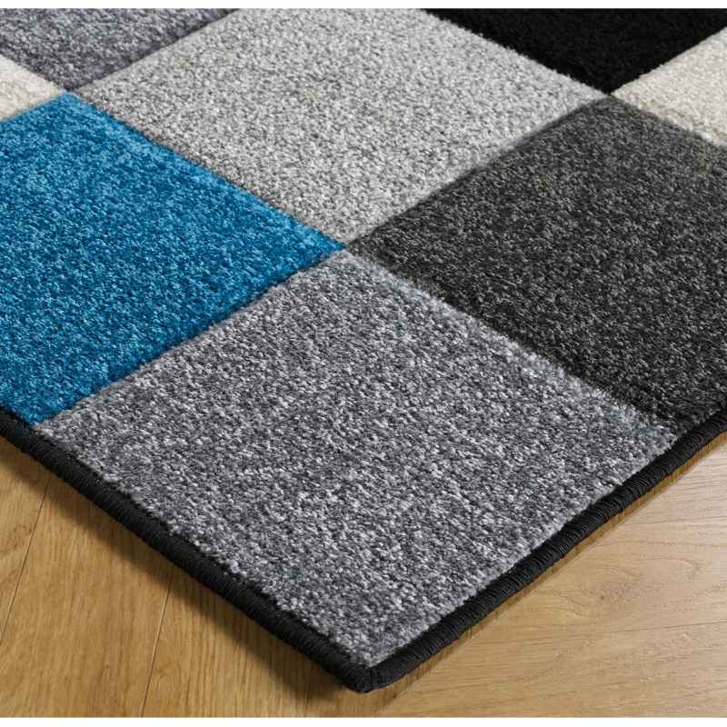 Portland Geometric Grid Block Rugs 1923 Q in Blue Grey Cream