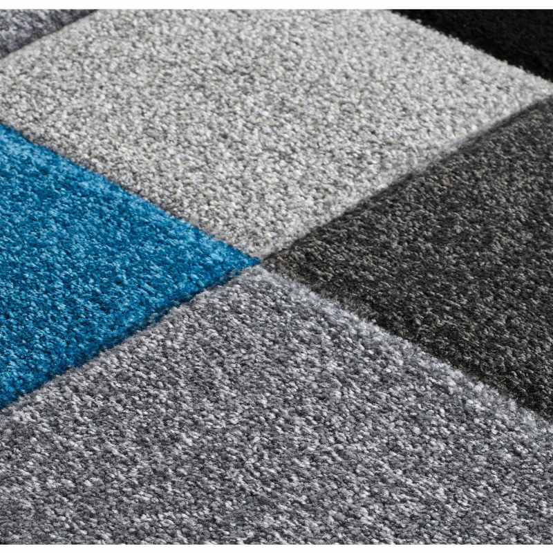 Portland Geometric Grid Block Rugs 1923 Q in Blue Grey Cream