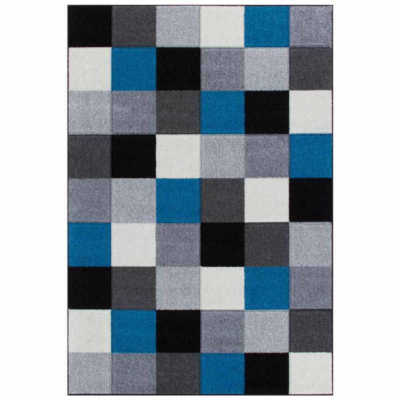 Portland Geometric Grid Block Rugs 1923 Q in Blue Grey Cream
