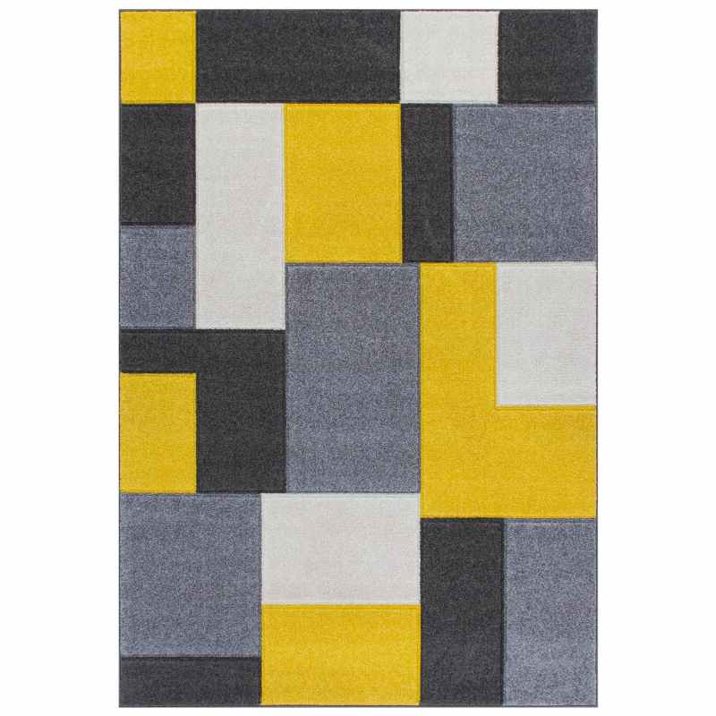 Portland Geometric Grid Block Rugs 8425 I in Grey Yellow Cream