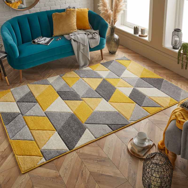 Portland 670 J Geometric Rugs in Yellow Grey Cream