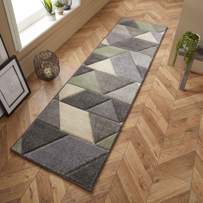 Portland 670 V Geometric Runner Rugs in Green Grey Cream