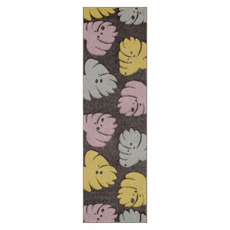 Portland 7155 D Carved Leaf Runner Rugs in Grey Yellow Green Pink