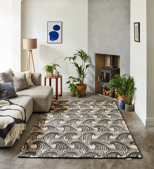 Scion scion screen printed ride the wave liquorice 125605 Grey Living Room Geometric Rug.