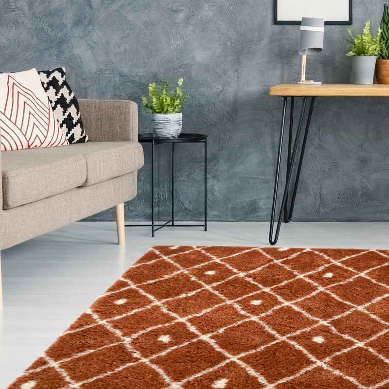 Snug Nomadic Shaggy Geometric Rugs in Terracotta Orange