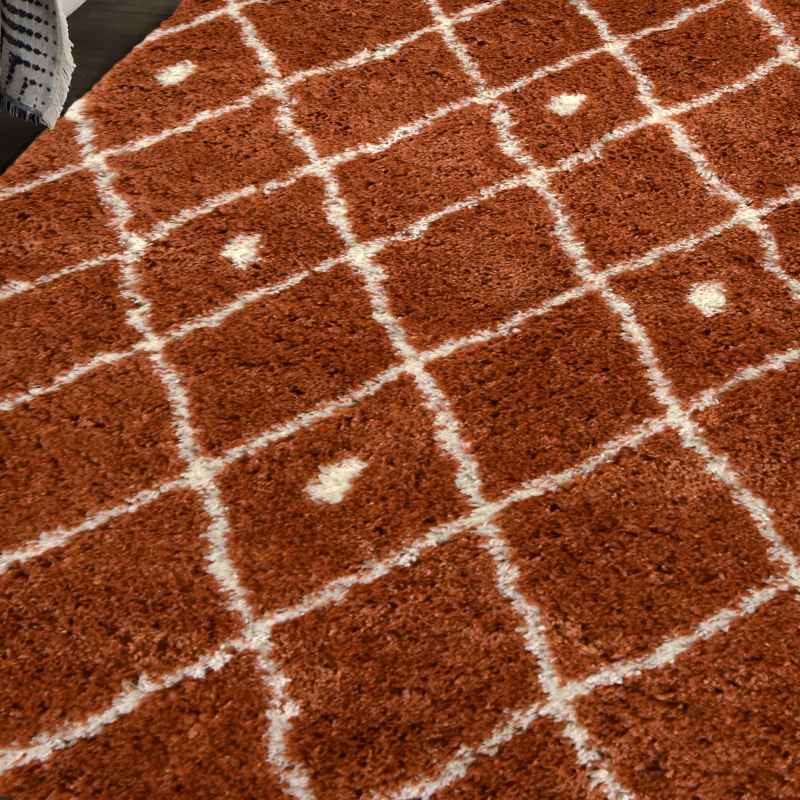 Snug Nomadic Shaggy Geometric Rugs in Terracotta Orange