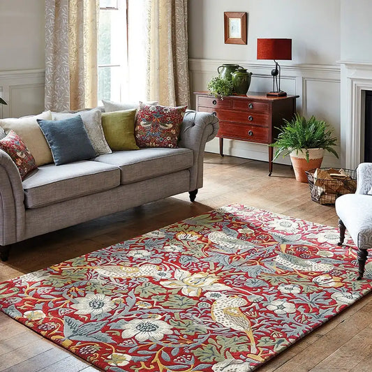 Morris & Co strawberry thief crimson 027700 Multicoloured, Red Living Room Floral Rug.