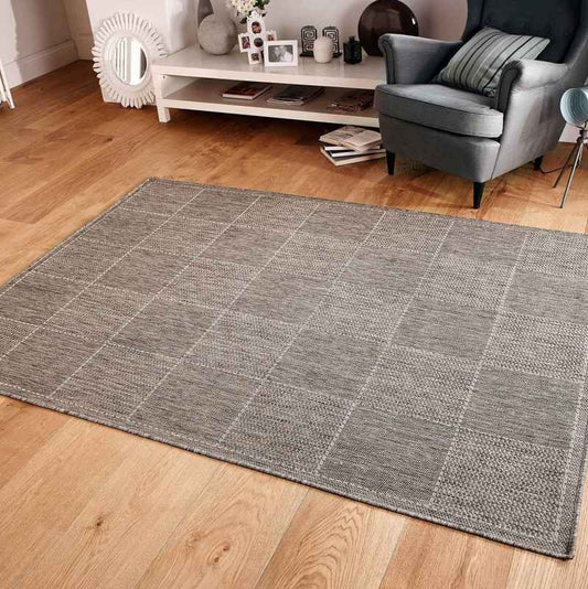Checked Flatweave  Anti Slip Kitchen Rugs in Brown Grey