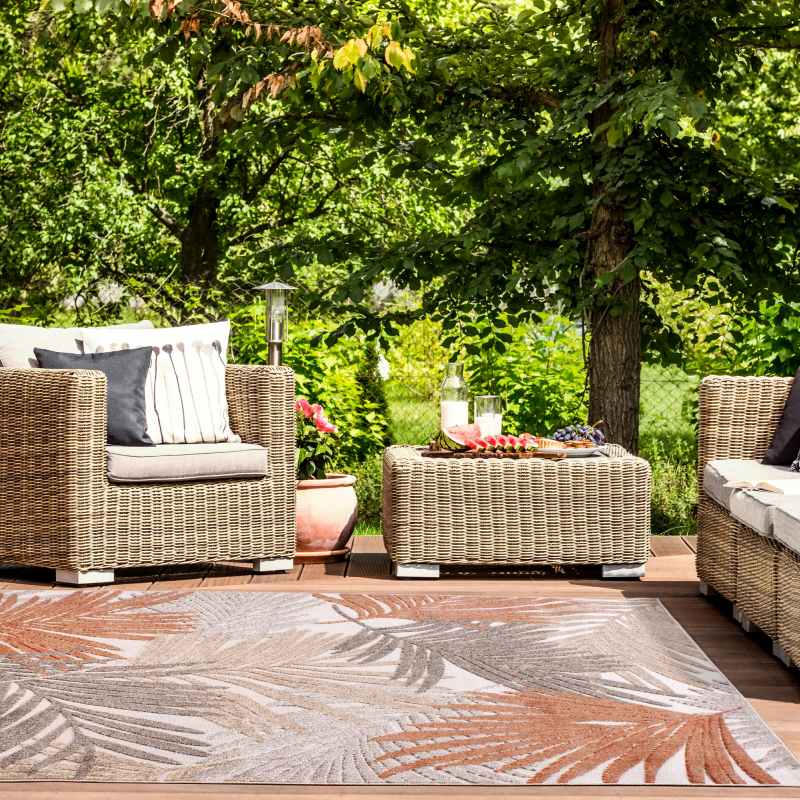 Indoor Outdoor Tropical D400A Botanical Palm Leaf Print rug in Terracotta