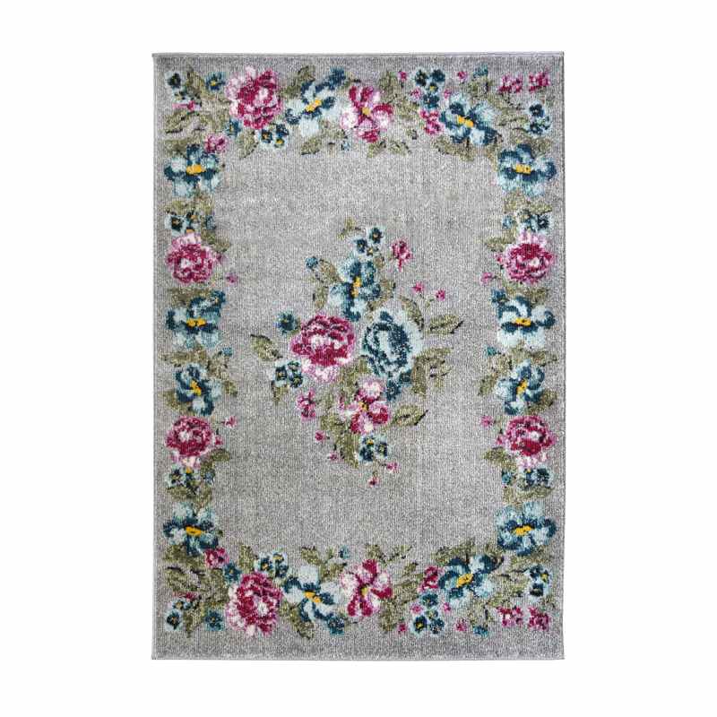 Villa Vintage Floral Border Modern Rugs in Multi