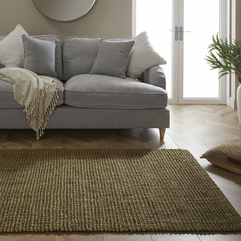 Whitefield Boucle Jute Modern Rug in Olive Green