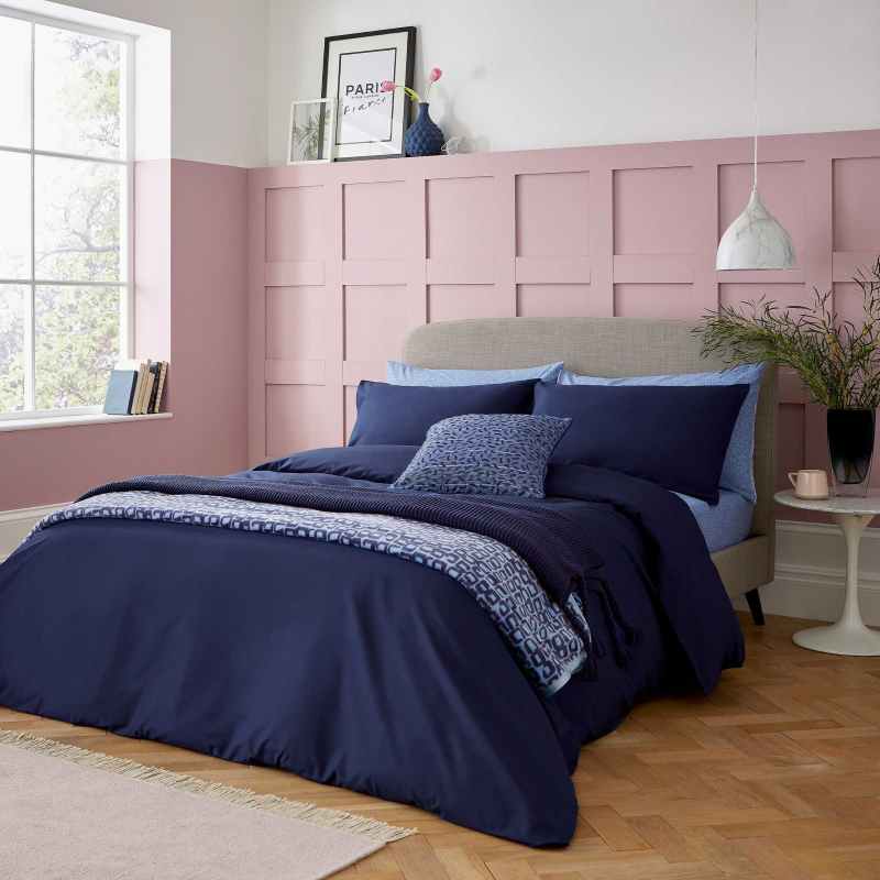 Aster Plain Bedding Duvet Cover and Pillowcase by Helena Springfield in Navy Blue