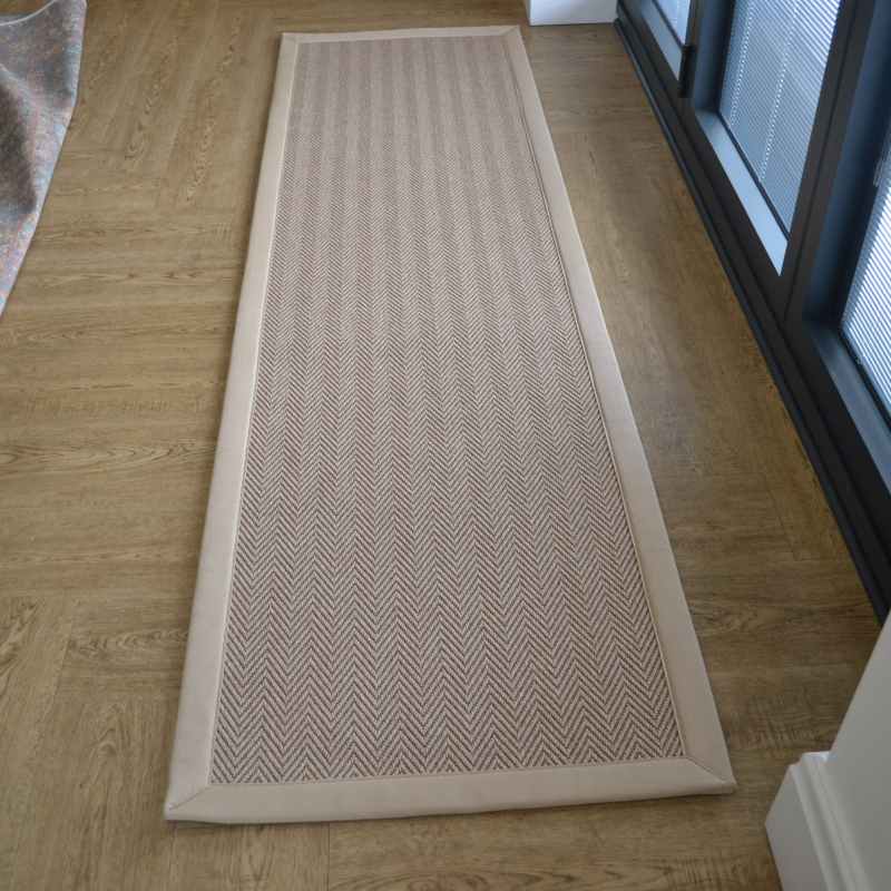Chevron Easycare Plain Border Runner Rug in Cotswold Beige