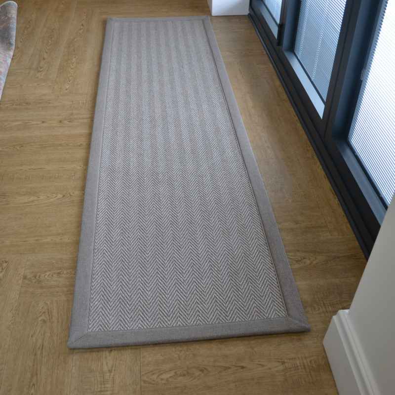 Chevron Easycare Plain Border Runner Rug in Granite Grey