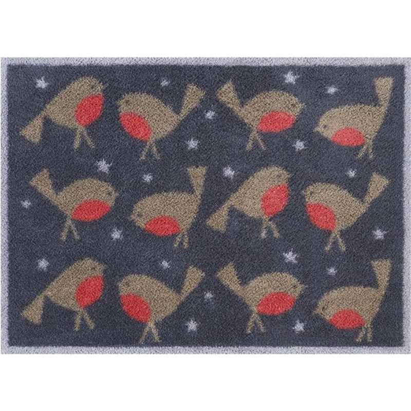 Christmas Winter Robin Washable Doormat in Red & Navy Blue