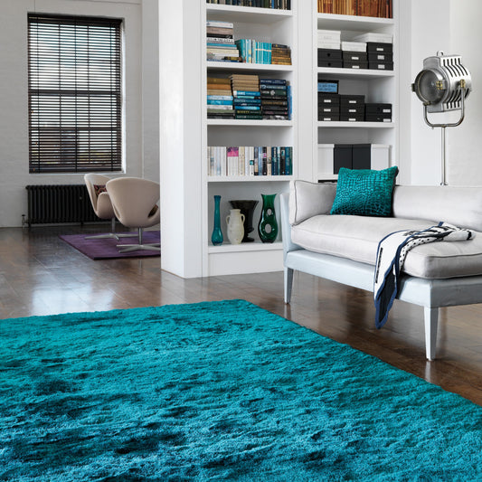 Whisper Shiney Plain Shaggy Rugs in Dark Teal Blue