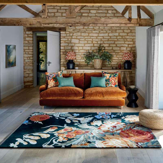 Stapleton Park Floral Wool Rugs 45318 By Sanderson in Navy Burnt Orange
