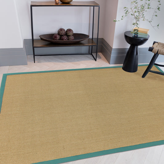 Sisal Plain Rugs in Linen with an Aqua border