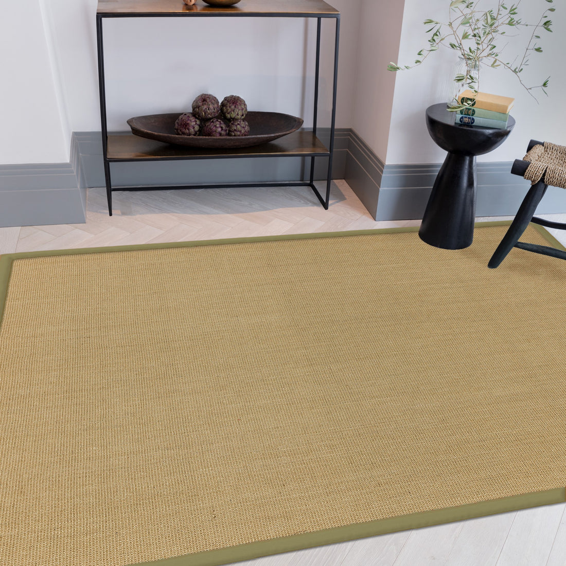 Sisal Plain Rugs in Linen with Sage Green Border – The Rug Seller