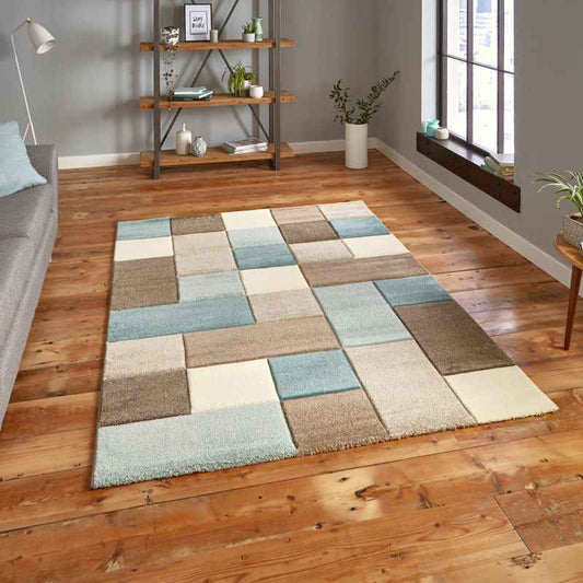 Brooklyn 646 Modern Rugs in Squares of Beige and Blue