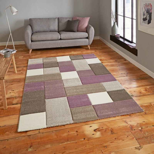 Brooklyn 646 Modern Rugs in Squares of Beige and Purple