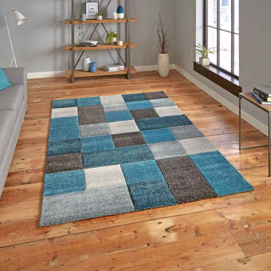 Brooklyn 646 Modern Rugs in Squares of Blue and Grey