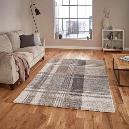 Modern Elegant Tartan Check Rugs 4892 in Beige and Grey