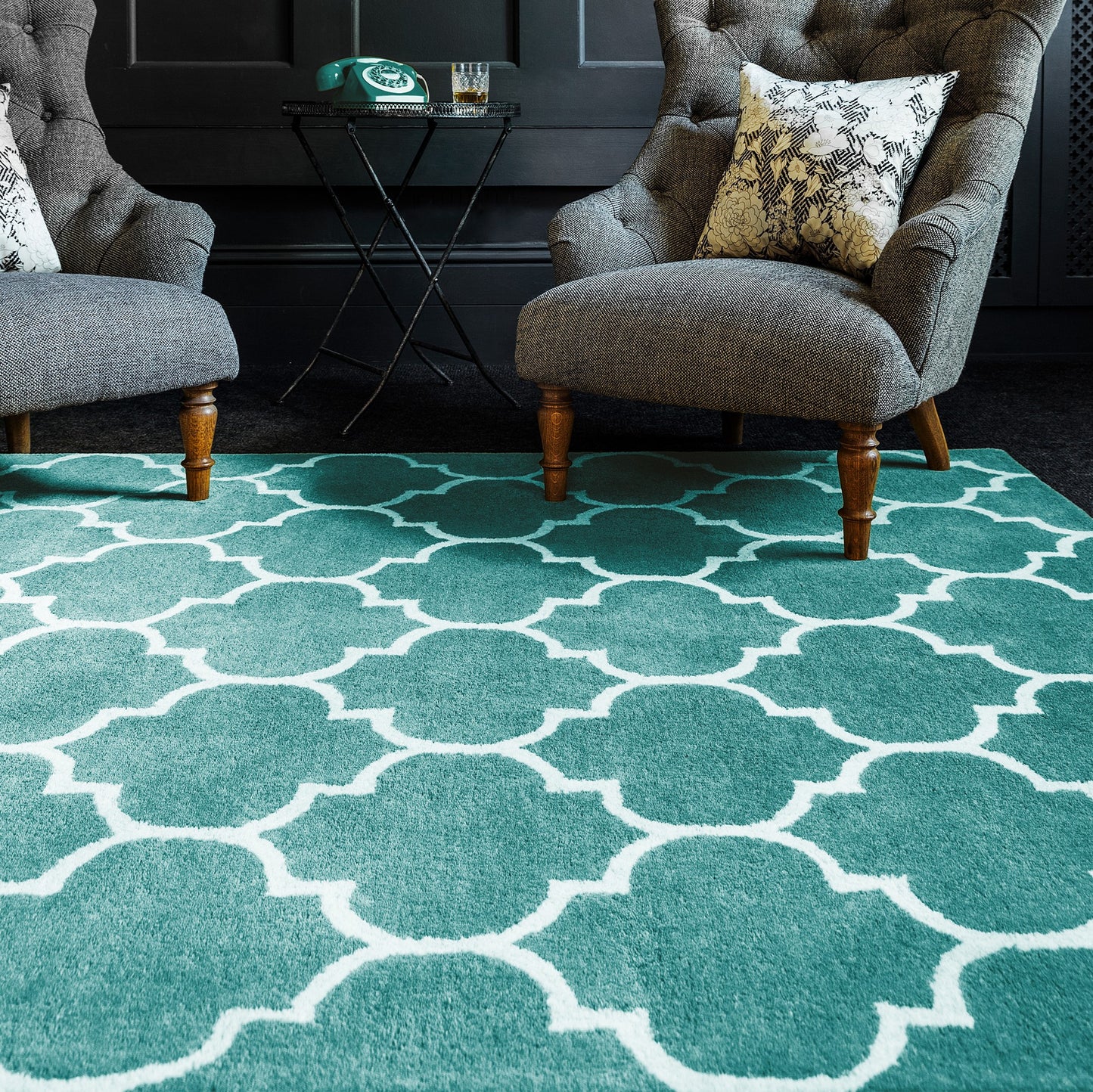 Albany Ogee Modern Arabesque Wool Rugs in Duck Egg Blue