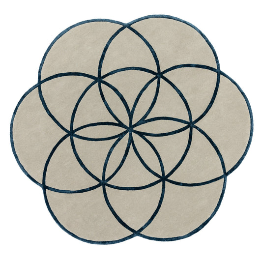 Lotus Round Geometric Wool Rugs in Blue