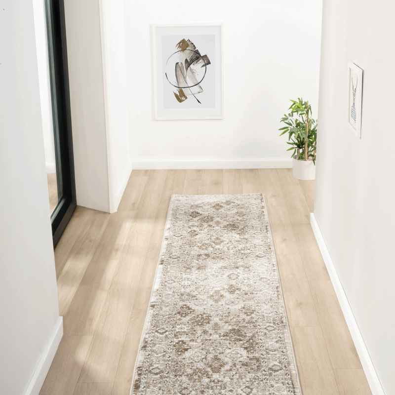 Vintage 550AC Traditional Border Motif Runner Rugs in Cream Beige