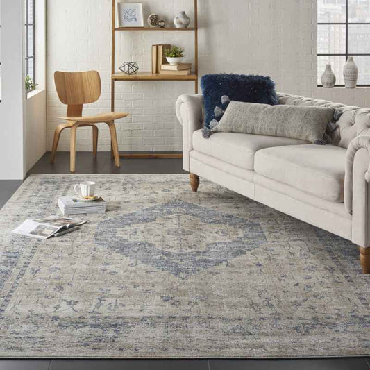 Malta Traditional Border Rugs MAI11 by Kathy Ireland in Ivory and Blue