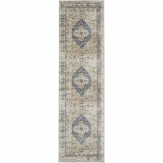 Malta Traditional Border Hallway Runner Rugs MAI11 by Kathy Ireland in Ivory and Blue