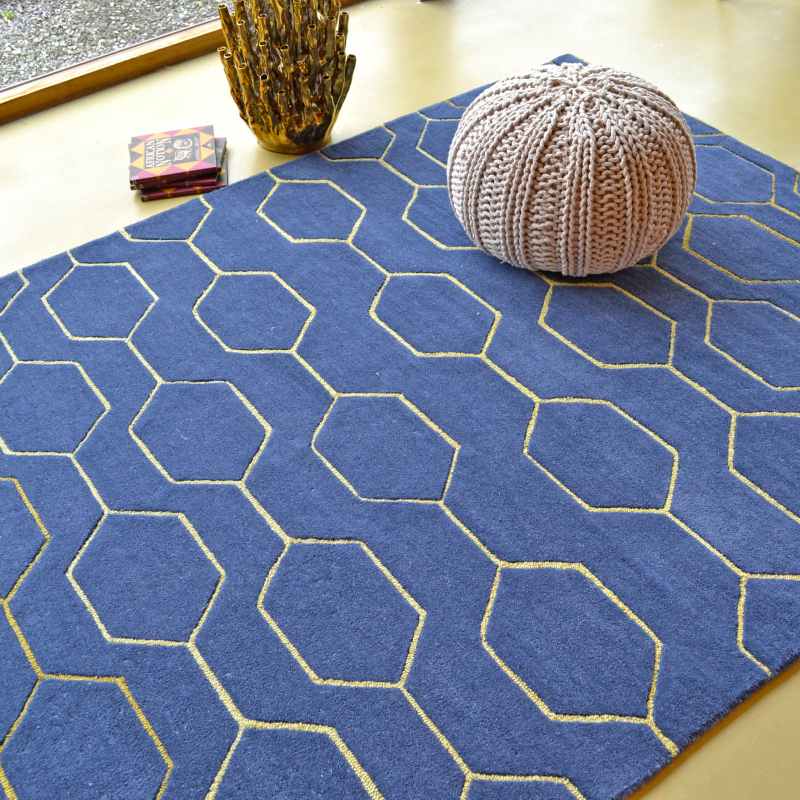 Arris Geometric Wool Rugs 37308 in Blue and Gold by Wedgwood